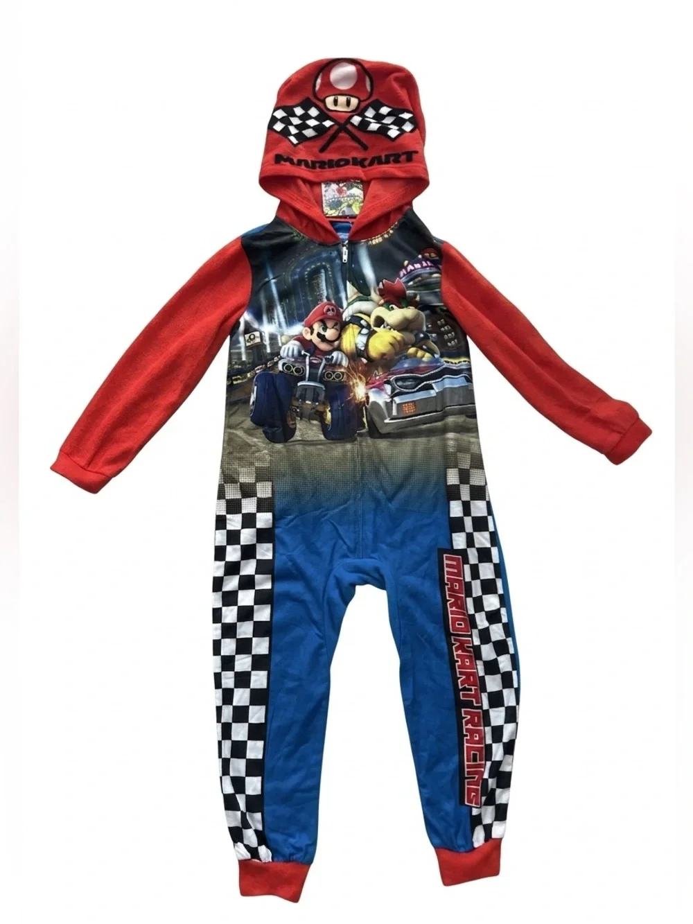 Mario Kart Racing Boys Hooded One Piece Pajamas Size 4/5 Fleece Union Suit